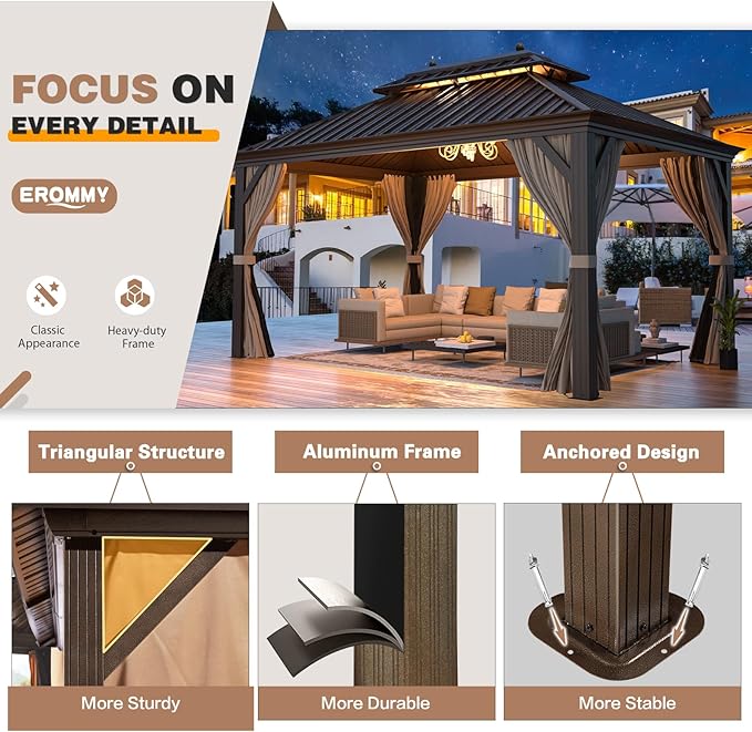 EROMMY 12'x14' Hardtop Gazebo, Galvanized Steel Outdoor Aluminum Canopy with Netting and Shaded Curtains, Double Roof Pergolas, Permanent Metal Pavilion for Patio, Backyard, Deck and Lawns