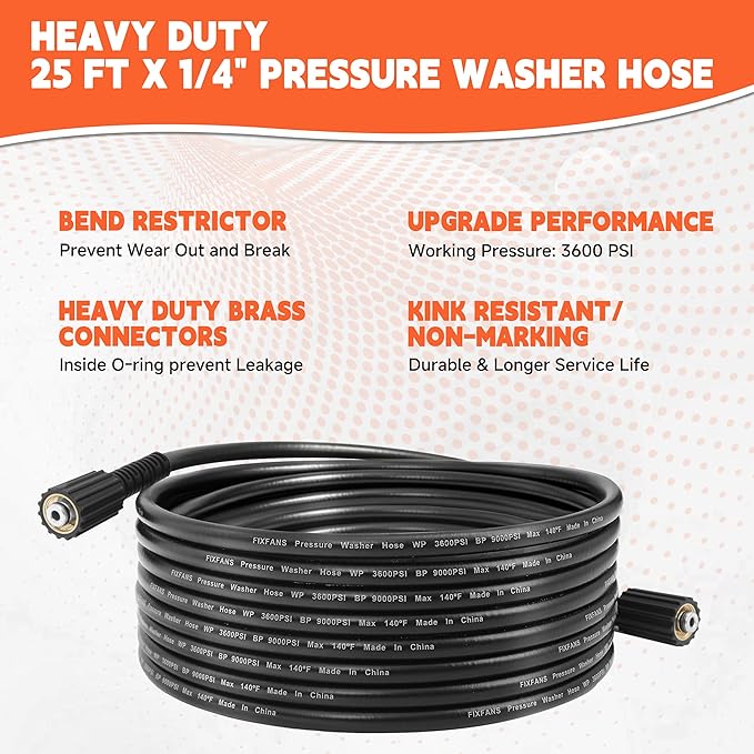 FIXFANS Pressure Washer Gun and Hose Kit, 25 FT High Power Washer Hose with Replacement Wand Extension, 5 Nozzle Tips, M22 Fitting
