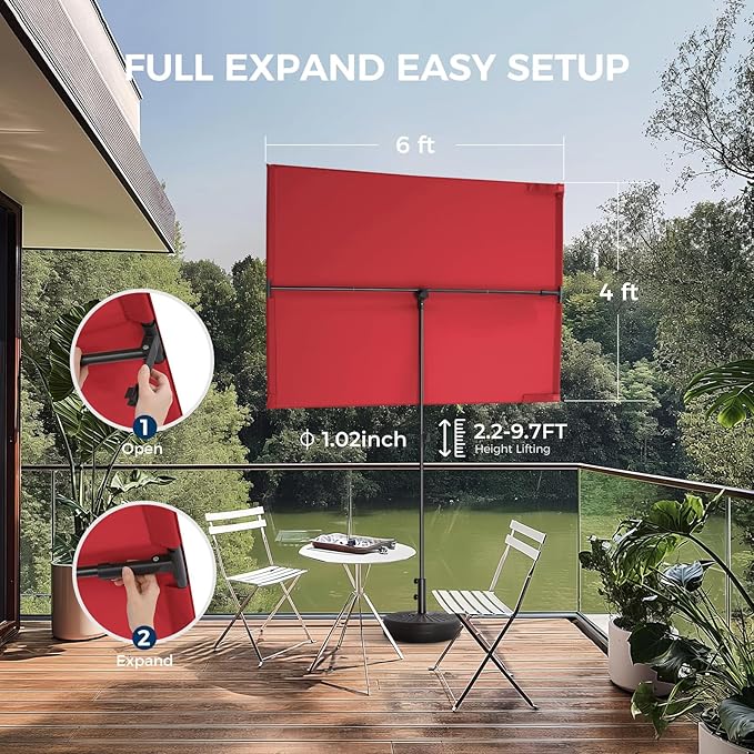HOMSHADE 6x4ft Outdoor Balcony Umbrella - Flat Porch Pool Patio Umbrella Rectangular Canopy Shade UPF50+ UV Protection 360° Rotating & Tilting All Angles Applicable (Red, No Base)