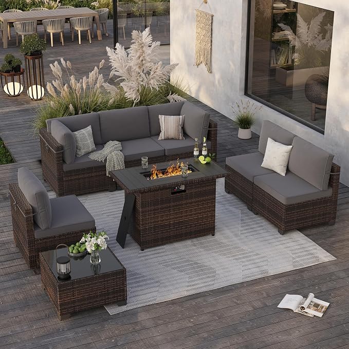 Soohow 8 Piece Patio Furniture Set with 44" Fire Pit Table, Outdoor Sectional Wicker Rattan Conversation Set for Garden, Porch, Backyard - Grey Cushions