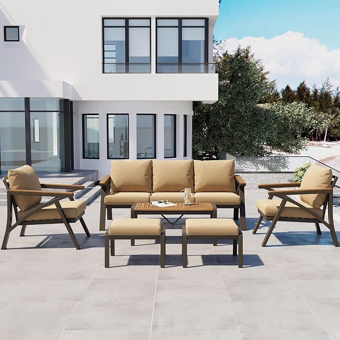 6 Piece Outdoor Patio Furniture Set, Steel Frame Sofa Set with 3-Seat Couch, 2 Armchairs, 2 Ottomans & Acacia Wood Coffee Table, Patio Conversation Set for Backyard Garden Poolside, Brown