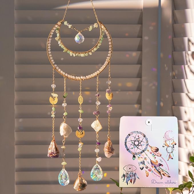 Celestial Crystal Suncatcher Moon Window Hanging Decor Handmade | Handmade moon suncatcher with natural stone and crystal, creat colorful light reflections for window, bedrooms and home decor