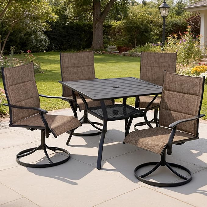 Patio Swivel Rocker Chairs Set of 4,Outdoor Dining Chairs High Back,15° Gentle Rocking Patio Chair with Padded Textilene, Metal Frame for Poolside Lawn Garden,Brown(4 PCS)