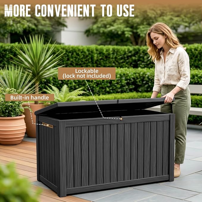 Vixzen 200 Gallon Deck Boxes Outdoor Waterproof, Large Resin Lockable Storage Box with lid for Patio Furniture Cushions, Weatherproof Outdoor Storage Boxes for Garden Tools & Pool Accessories(Black)