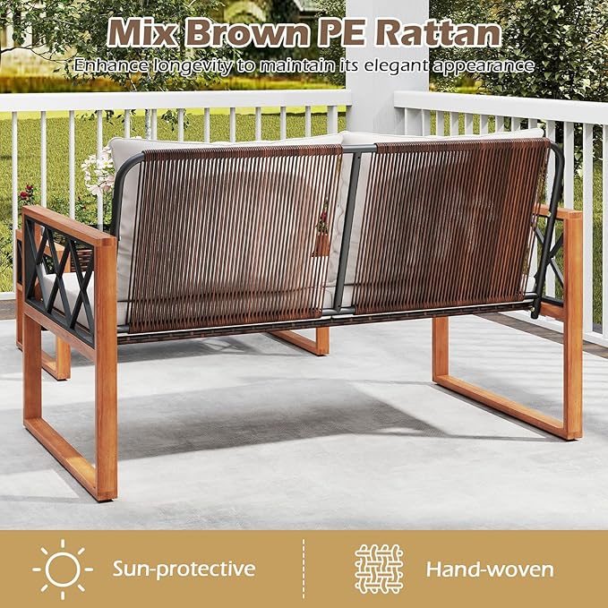 Tangkula 2 Pieces Outdoor Acacia Wood Loveseat and Table Set, Heavy Duty Patio Conversation Set for Porch, Deck and Backyard