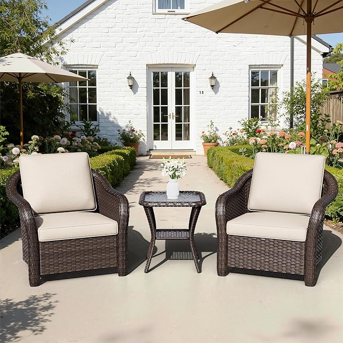 Outdoor Chairs with Side Table, Patio Wicker Chairs, Outside Conversation Furniture Set with Washable Cushions for Sunroom, Gazebo, Poolside (Beige)