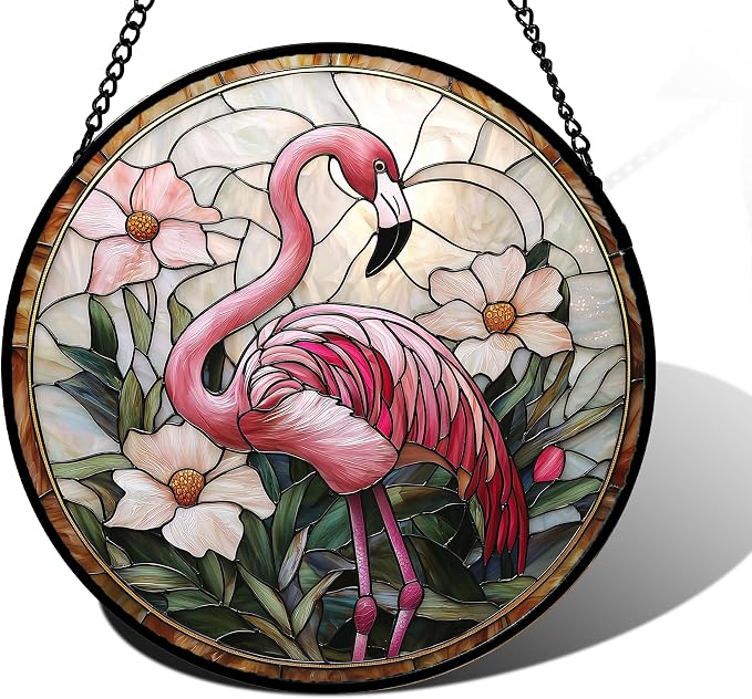 DASTOLL Stained Glass Window Hanging, Flamingo Flower Sun Catchers Diamond Glass Panel Hangings Pink Suncatcher Decor for Birthday for Women, Men, Wife, Aunt, and Mom 6.3 in