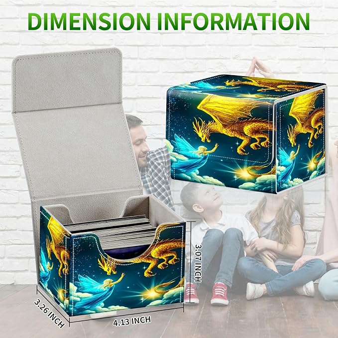 Card Deck Box for MTG, Cards Storage Box Fits 120+ Sleeved, Leather Small Size Strong Magnetic Closing Card Case for Board Games Magic TCG CCG Baseball Collection, Yellow Dragon Girl