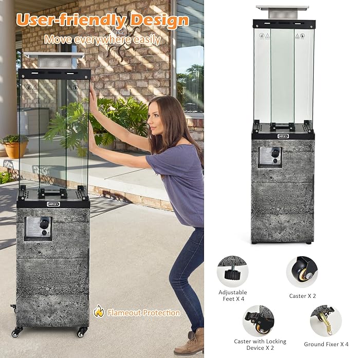 Tangkula 41,000 BTU Propane Patio Heater with Waterproof Cover, Outdoor Heater with Lockable Wheels, Adjustable Feet, Tempered Glass Tube, Suitable for Garden Porch Patio Deck