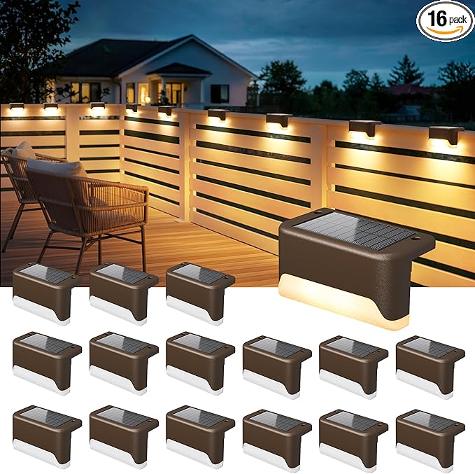 SOLPEX Solar Deck Lights Outdoor, Solar Fence Lights Waterproof LED Step Light for Outside, Garden, Stair, Patio, Yard, Railing, Front Porch, Balcony Decor(16 Pack Warm White)