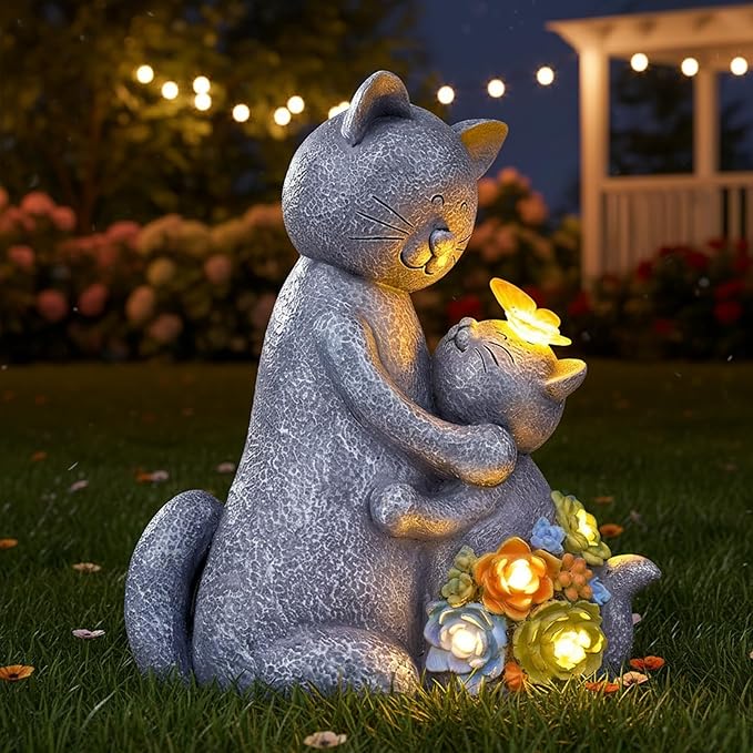 Candieslife Solar Garden Statues Loving Cat Figurine Lights for Outside, Yard Decorations Outdoor, Garden Decor Unique Mothers Day Birthday Housewarming Gifts for Mom, Women, Lover