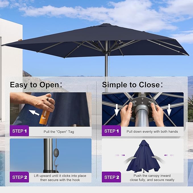 PURPLE LEAF 13 X 13 FT Extra Large Commercial Square Patio Umbrella Maximum Coverage Heavy Duty Wind Resistant Vented Canopy Reinforced Frame for Restaurant Hotel Resort Cafe Outdoor Dining Area Business Use Navy Blue