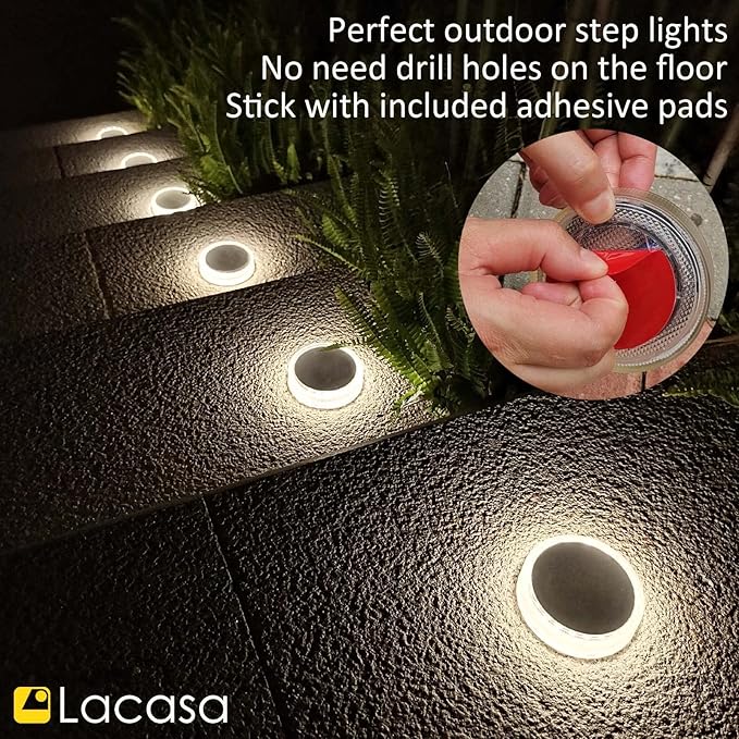 Lacasa Solar Deck Lights Outdoor Waterproof LED Solar Step Lights Driveway Lights, White 4000K, for Garden Yard Patio Pathway, Round, 4 Pack