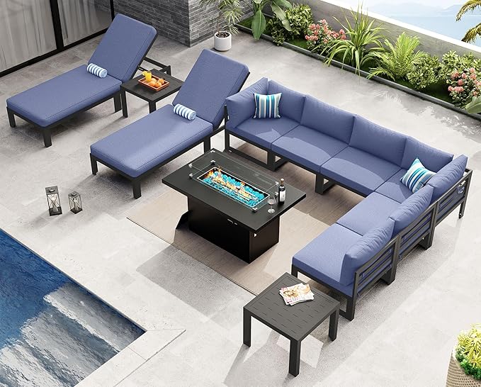 NICESOUL 11 Piece Large Modern Aluminum Patio Furniture Set, Water Resistant Modular Outdoor Conversation Set with Lounge & Fire Pit Table, 500 lbs Durable Modular Sectional Sofa for Deck, Denim Blue