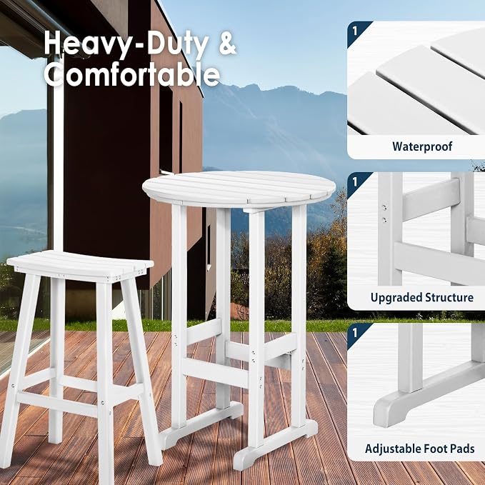 nalone Outdoor Bar Table and Chairs Set, HDPE Bar Table with Bar Stools Set of 2, Patio Table Pub Height Dining Table for Deck, Porch, Backyard, Garden