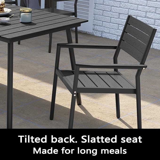 9-Piece Outdoor Dining Set for 8 Person with Black Wood-Grain Top | Armrest Stackable Chairs with 19.4" Seat Depth, Aluminum Frame Dining Furniture with Umbrella Hole for Deck, Porch & Backyard