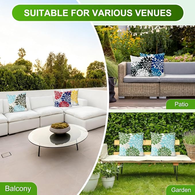 M METERXITY 2-Pack Pillow Cover 17x17 Linen, Sky Blue Green Gray | Water Resistant Floral Decor Slipcover, for Patio, Balcony, Garden, Outdoor Pillow Case