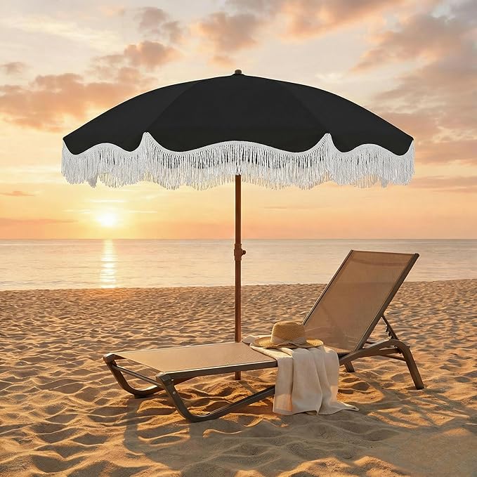 7FT Patio Umbrella with Fringe, Outdoor Tassel Umbrella with Fiberglass Ribs, Boho Beach Umbrella, Push Button Tilt and Carrying Bag, UPF50+