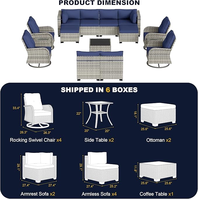 15-Piece Outdoor Patio Furniture Set with Rocking Swivel Chair, Wicker Rattan Sectional Sofa Conversation Set with Tempered Glass Table with Ottomans, Backyard Furniture, Navy Blue