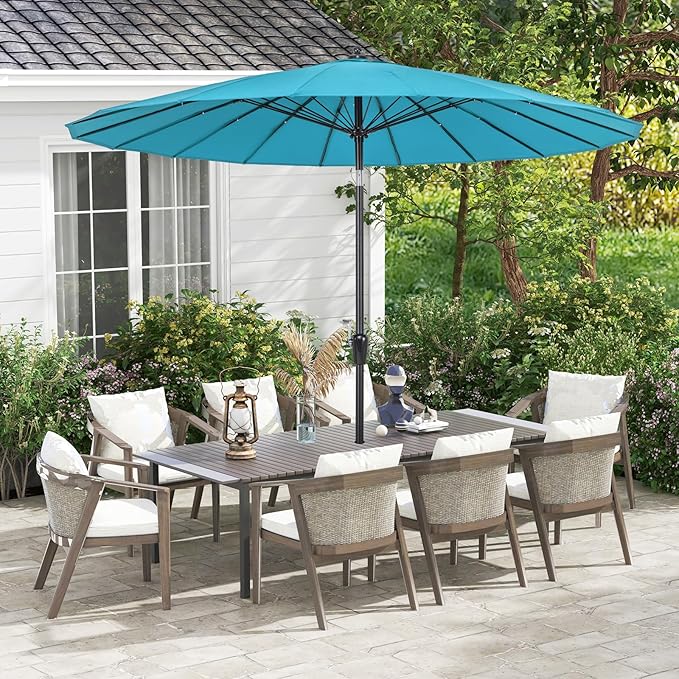 Tangkula 9FT Round Patio Umbrella, Outdoor Market Umbrella with 18 Fiberglass Ribs, Push Button Tilt, Crank, Fade-resistant Canopy & Ventilation, Aluminum Table Umbrella for Backyard, Pool (Turquoise)