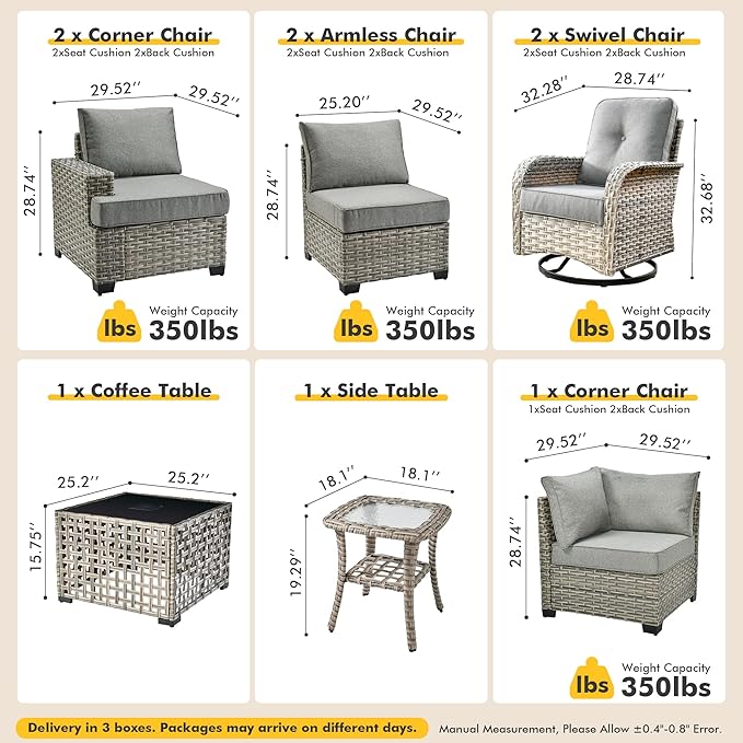 9 Pcs Outdoor Sectional Patio Furniture Set with Swivel Rocking Chair - All Weather Wicker Modular L Shaped Outside Sectional Couch,Patio Seating Outdoor Conversation Sets for Deck Yard,Dark Grey