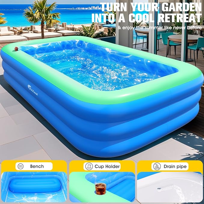 Inflatable Pool with Seat and Pool Lights, Durable Thickened Large Size Inflatable Pools for Adults Blow Up Pools,110" x 63" x 20"Swimming Inflatable PooI for Backyard,Outdoor (Cyan)