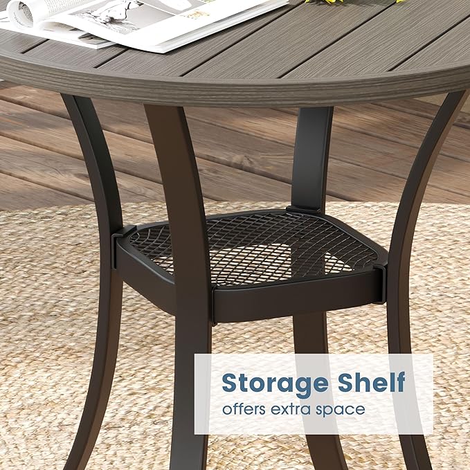 DIFY 3 Piece Outdoor Dining Set for 2, Patio Furniture Set with 27.6" Small Round Metal Dining Table and 2 Padded Textilene Swivel Patio Chairs, Grey Wood-Like Table & Sandshell Chairs