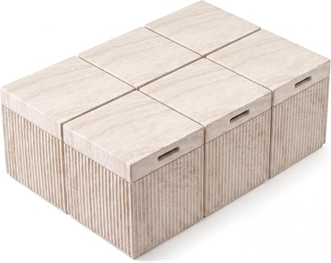 Christopher Knight Home Livia 20.28" Tall Outdoor Square Accent Side Tables Set of 6, Patio Decorative End Tables with Fluted Design, MGO Garden Stool for Patio Balcony & Garden Decor, Travertine
