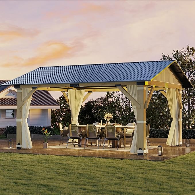 13' x 15' Wood Gazebo, Outdoor Hardtop Gazebo with Netting and Curtains, Cedar Wooden Frame Gazebos with Galvanized Steel Roof for Garden, Patio