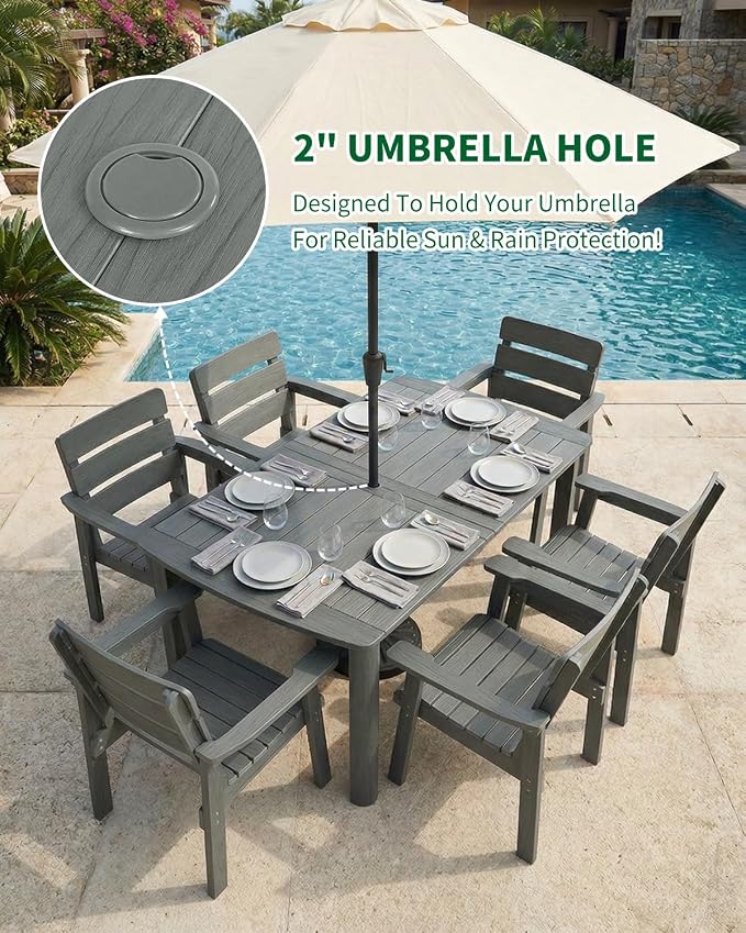 7-Piece Outdoor Dining Set, All-Weather HIPS Patio Table & Chairs for 6, Outdoor Furniture with Umbrella Hole, Ideal for Garden, Poolside, Backyard, Deck, Dark Gray