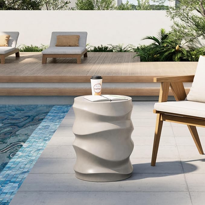 HOMPUS Outdoor Side Table w Water Wave, Unique End Table Patio, Small MgO Round Coffee Table, Lightweight Modern Vintage Garden Plant Stand for Indoor Outdoor Use, Grey