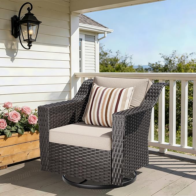 Outdoor Furniture Swivel Chair, Patio Glider Wicker Rocker Seating with Cushions for Porch Deck Balcony (Beige)