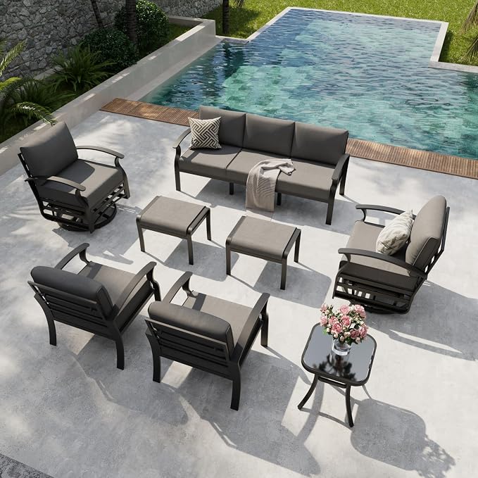 Aluminum Outdoor Patio Furniture Set,7 Seats Patio Conversation Sets with 2 Ottomans,Metal Patio Sectional Furniture Set with 2 Swivel Rocking Chairs,Grey
