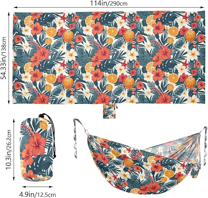 Camping Hammock Outdoor Hammocks for Outside Orange Hibiscus Flower Beach Trees Portable Lightweight with Pockets Tree Straps Indoor