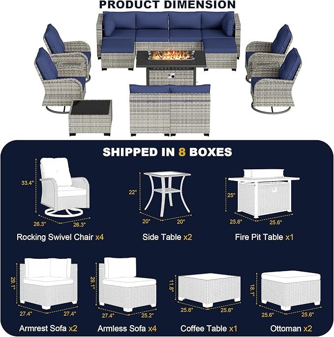 16-Piece Outdoor Patio Furniture Set with Rocking Swivel Chair, Wicker Rattan Sectional Sofa Conversation Set with 55,000 BTU Fire Pit Table with Ottomans, Backyard Furniture, Navy Blue