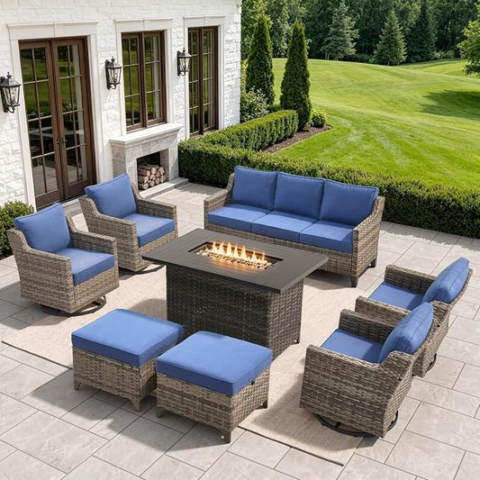 Belord Patio Wicker Swivel Rocker Patio Chairs with 3-Seater Sofa and Propane Fire Pit Table, Outdoor Furniture Set for Deck Porch Poolside, 8 Piece Patio Conversation Furniture Set,Blue