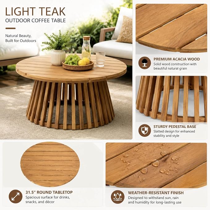 Round Outdoor Coffee Table for Patio, 31.5 Inch Acacia Wood Side Table with Slatted Pedestal Base, Farmhouse Outside Coffee Table for Garden, Balcony, Poolside, Porch, Weather-Resistant, Light Teak