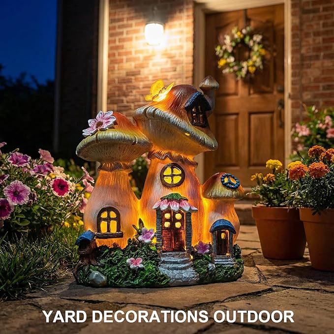 Candieslife Solar Garden Statue Lights Mushroom Mothers Day Decorations Fairy House Figurine Lights, Outdoor Memorial Garden Ornaments Waterproof Decoration for Outside Patio Yard Lawn Decor