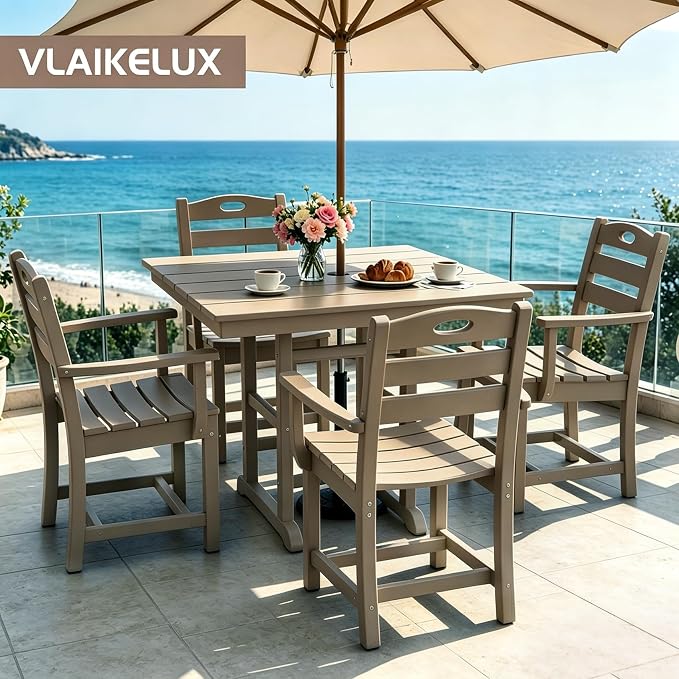Outdoor Patio Dining Square Table and Armchair 5 Piece Set, Brown | HDPE Material, 1.77" Umbrella Hole, All-Weather, Patio Furniture, Table and 4 Chairs, For Backyard, Deck, Garden