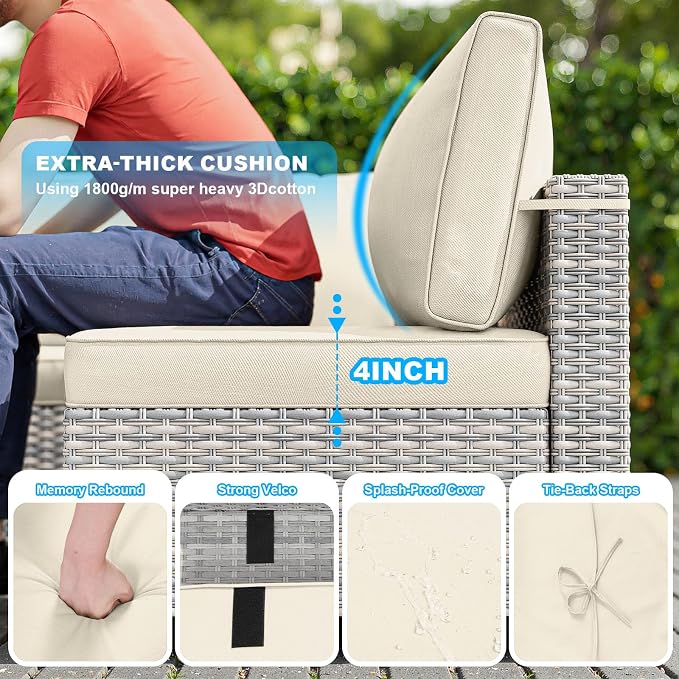 12-Piece Patio Furniture Set, Outdoor Patio Furniture with Swivel Chairs Set, Ottomans, Modular Patio Sofa, Dual-Strand Wicker Rattan, Rust-Resistant Frame, Ivory