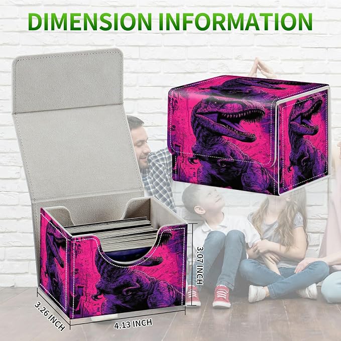 Card Deck Box for MTG, Cards Storage Box Fits 120+ Sleeved, Leather Small Size Strong Magnetic Closing Card Case for Board Games Magic TCG CCG Baseball Collection, Pink Dinosaur