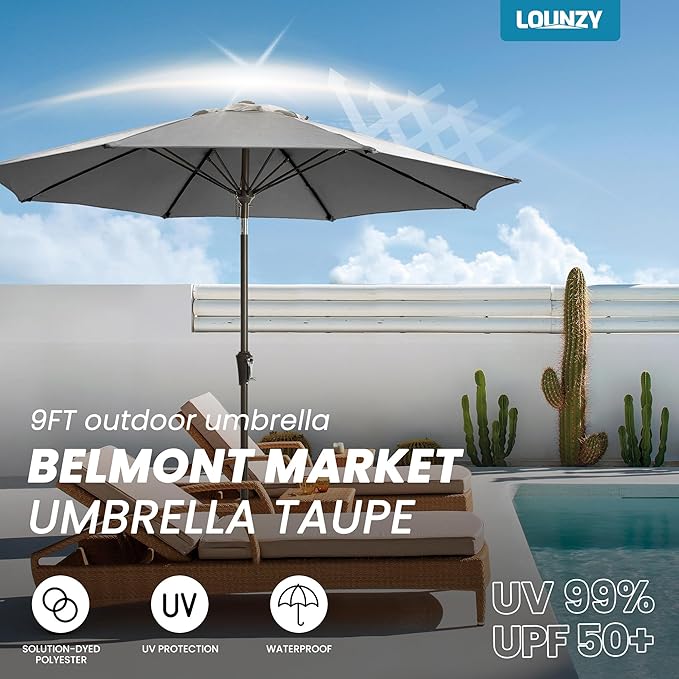 LOUNZY 9FT Large Outdoor Patio Umbrella Table Umbrella-UV Resistant,Easy Push Button Tilt and Crank,8 Sturdy Fiberglass Ribs Pool Umbrella for Patio,Backyard,Deck,Yard,Market