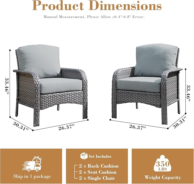 2 Pieces Patio Furniture Set, Two Single Chair Outdoor Furniture, All-Weather Rattan Wicker High Back Conversation Set of 2 for Small Space Porch, Backyard, Balcony, Dark Grey