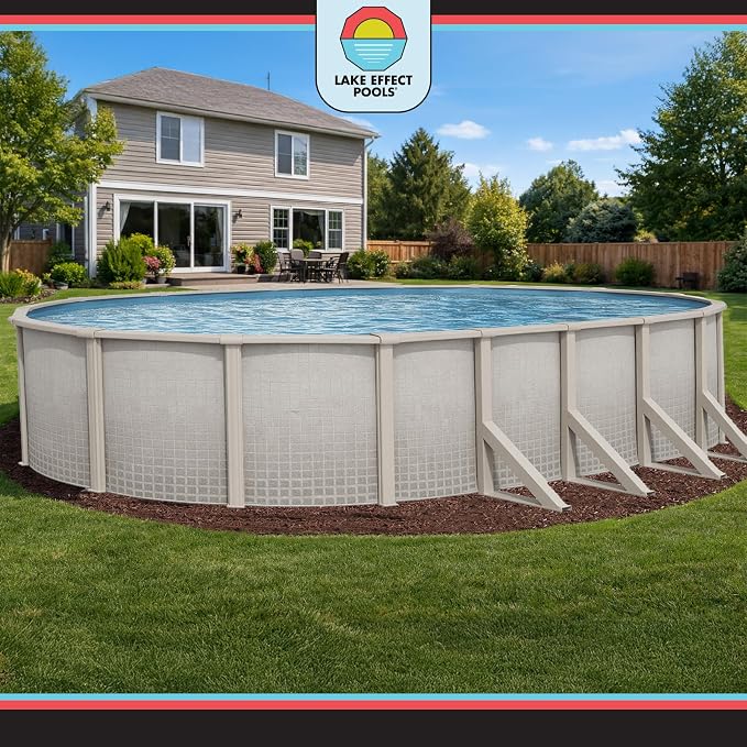 Lake Effect Pools 'Impressions' 15 ft x 30 ft Oval Above Ground Swimming Pool Bundle | 48 Inch Height | Steel Sided Walls | Kit Includes: 25 Gauge Liner, A-Frame Ladder, Sand Filter/Pump, & Skimmer