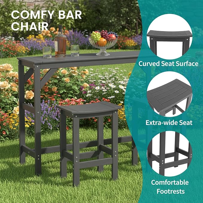 3Pcs Poly Lumber Outdoor Patio Bar Set, All Weather HIPS Bar Table and Chairs Set for Outside, 55" Rectangular High Top Bar Table with 2 Bar Stools for Patio, Poolside, Balcony, Hot Tub, Black
