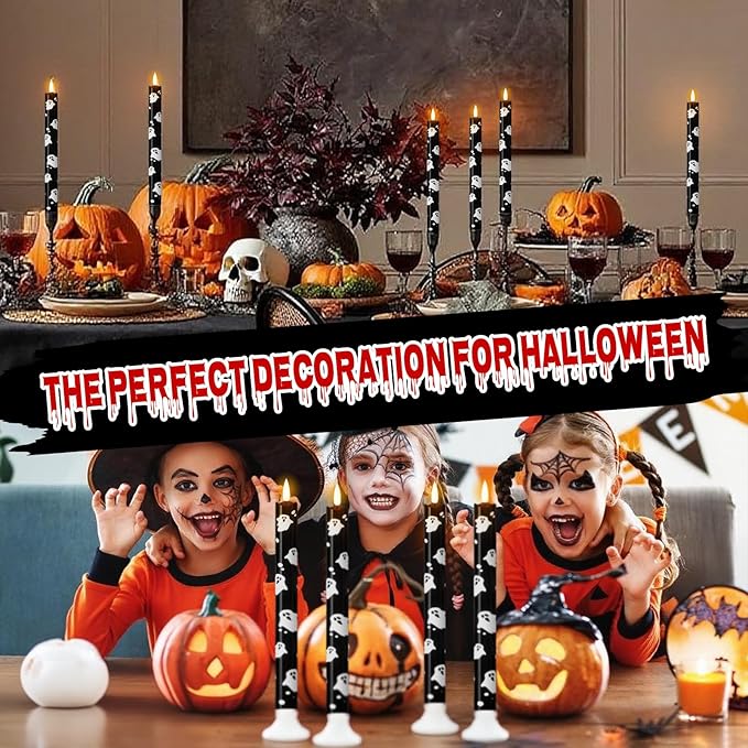 Eldnacele Flameless Flickering Taper Candles with Remote and Timer, Battery Operated Ghost Decal Real Wax Black LED Window Candles Set of 4 Fireplace Spooky Halloween Holiday Decor