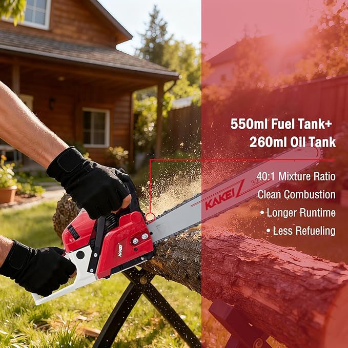 KAKEI 62CC 18-Inch Gas Chainsaw, 3.8HP 2-Stroke Engine, Easy Start, Germany-Steel Chain & Precision Bar, Gas Powered Chainsaw for Tree Cutting, Firewood and Logging