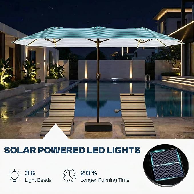 15FT Patio Umbrella with Solar Lights, Double-Sided Extra Large Outdoor Table Umbrella with Base Included, Heavy-Duty 12 Iron Ribs Market Umbrella for Garden, Pool, Backyard, Green Stripes