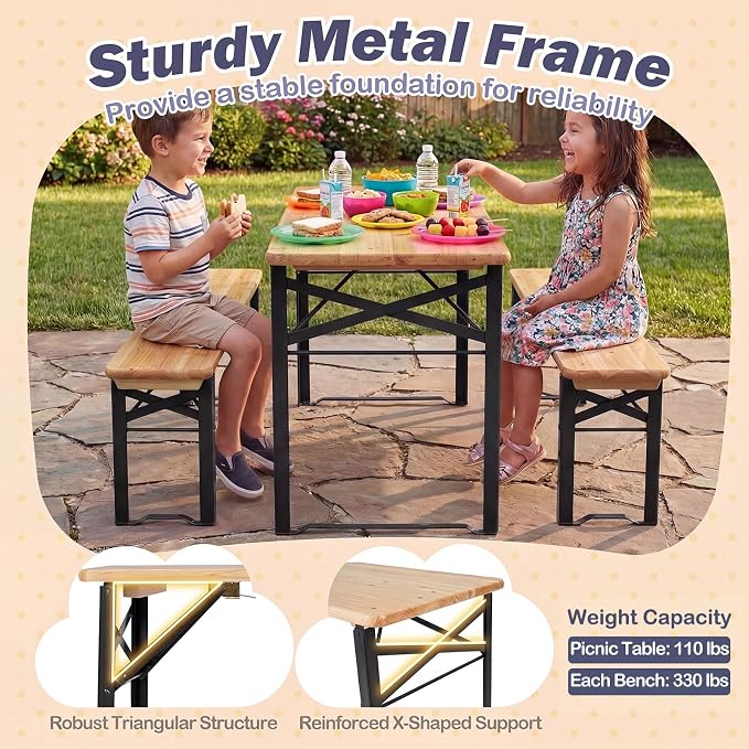 Costzon Kids Picnic Table, 43.5 Inch Folding Picnic Table with 2 Benches, Fir Wood Top & Metal Frame, No Assembly 3-Piece Portable Kids Indoor/Outdoor Furniture for Patio Backyard Daycare (Black)