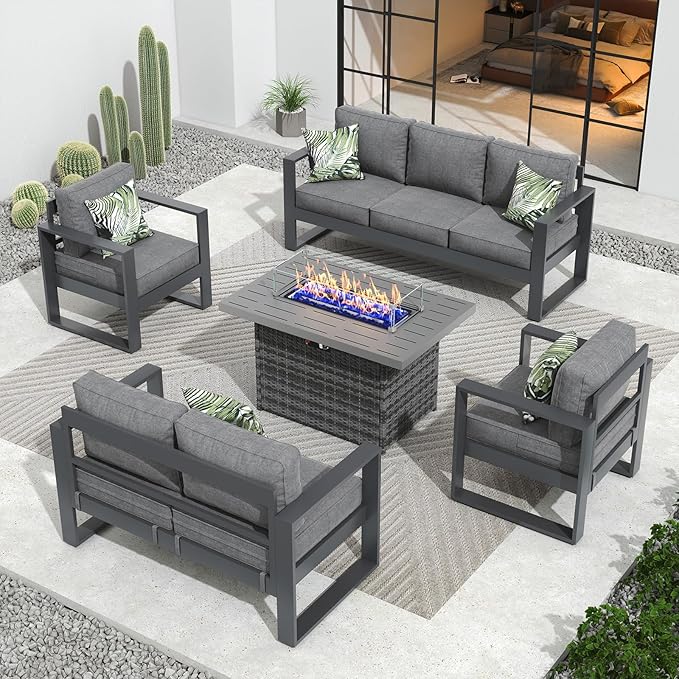 Outdoor Aluminum Furniture Set with Fire Pit Table - 5 Pieces Modern Patio Conversation Sets Metal Sectional Sofa Set